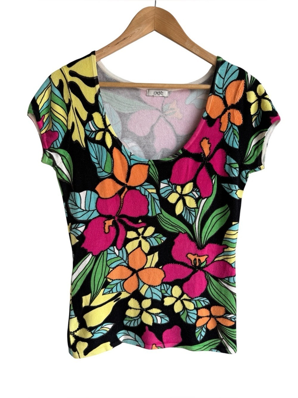Cache Y2K Tropical Floral Top Medium Bright Stretch Knit Tee Beaded Summer Cute!